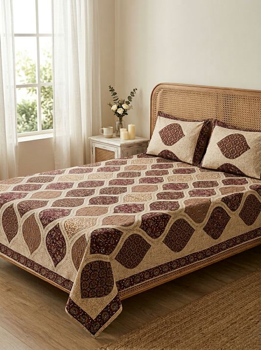 Brown Patchwork Print Cotton Bedsheet Set