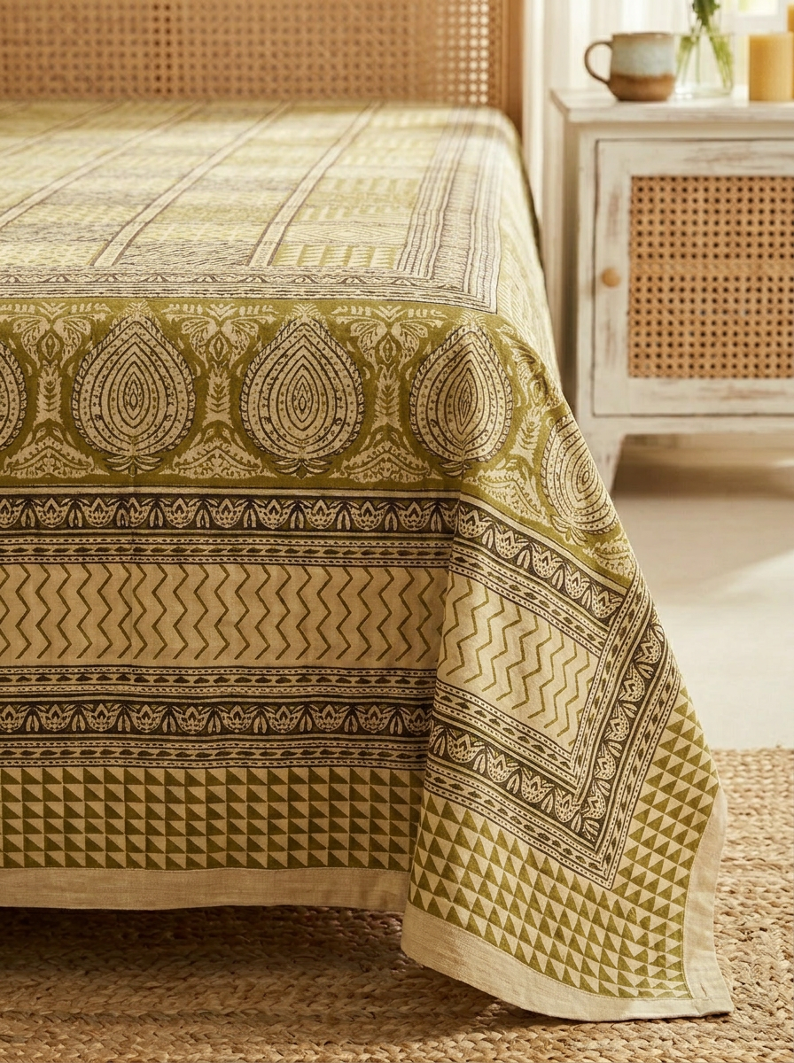 Olive Green Geometric Print Cotton Bedsheet Set