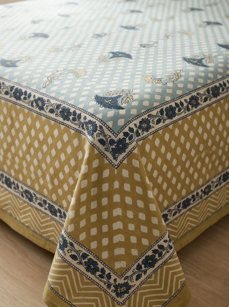 Blue & Mustard Butah Print Cotton Bedsheet Set