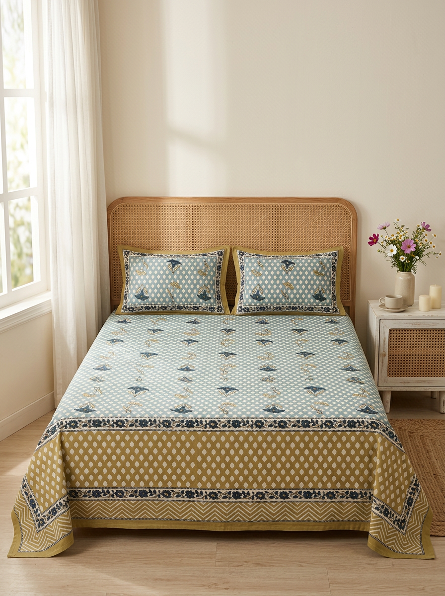 Blue & Mustard Butah Print Cotton Bedsheet Set