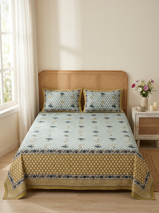 Blue & Mustard Butah Print Cotton Bedsheet Set