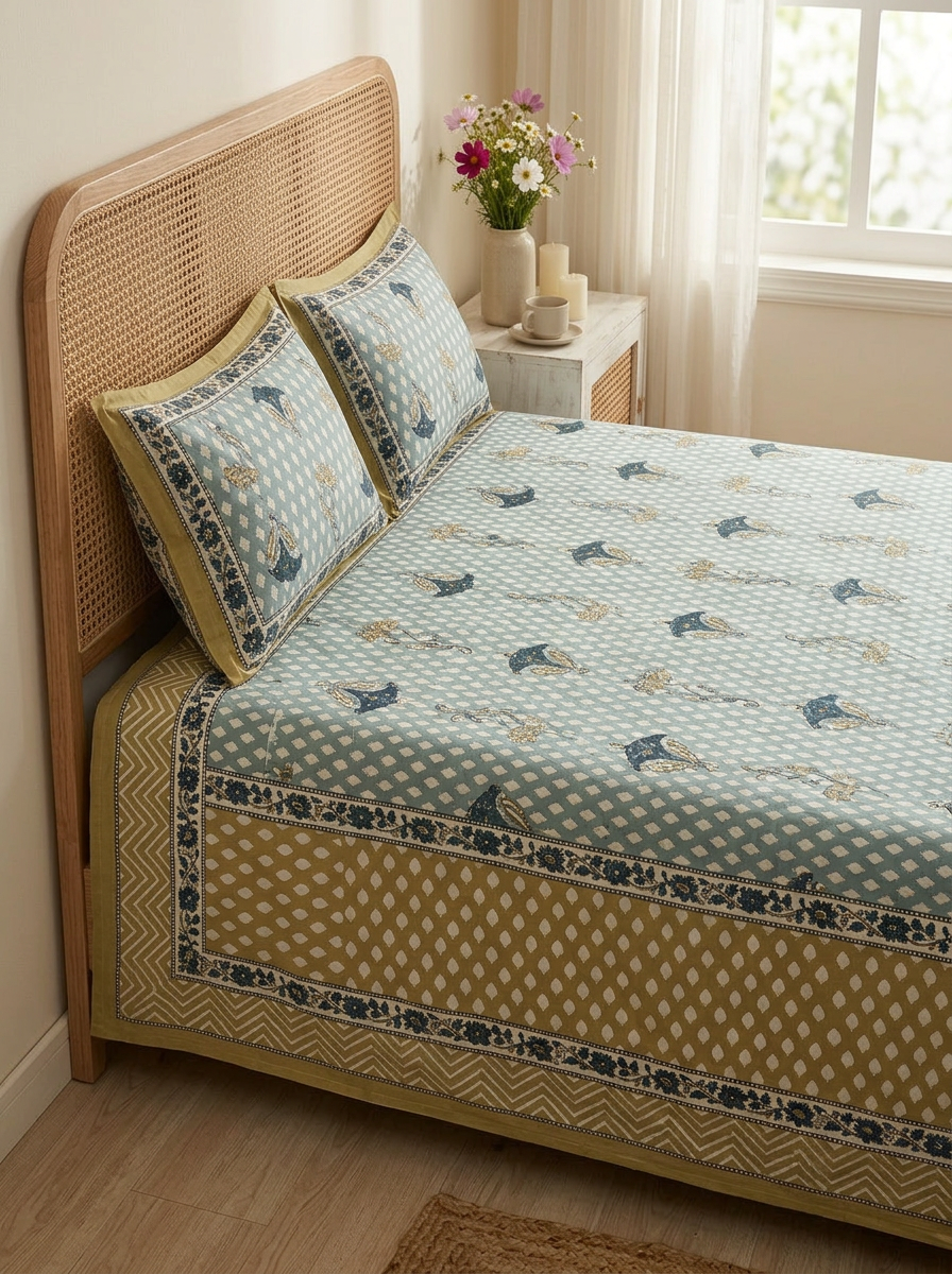 Blue & Mustard Butah Print Cotton Bedsheet Set
