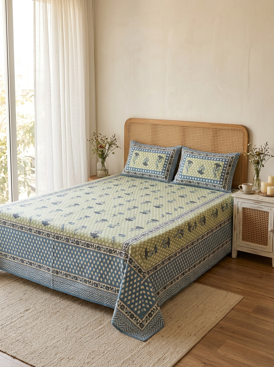 Sage Green & Blue Floral Butah Cotton Bedsheet Set