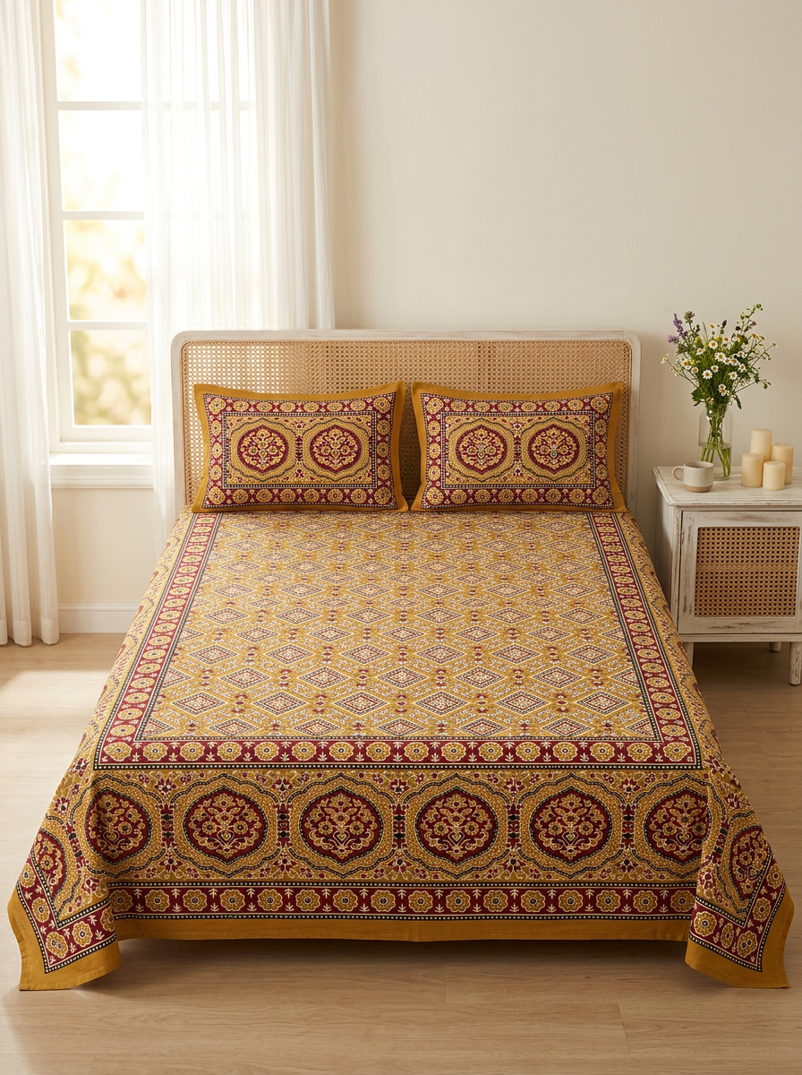Mustard Traditional Print Cotton Bedsheet Set