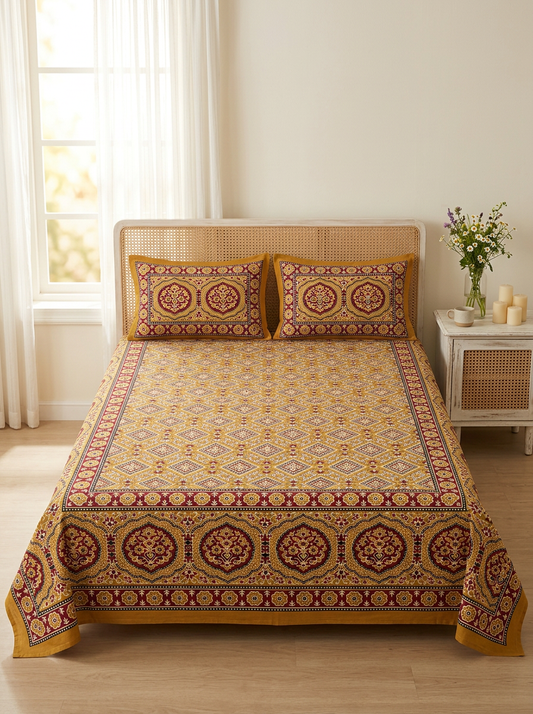 Mustard Traditional Print Cotton Bedsheet Set