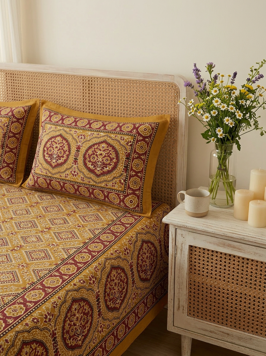 Mustard Traditional Print Cotton Bedsheet Set