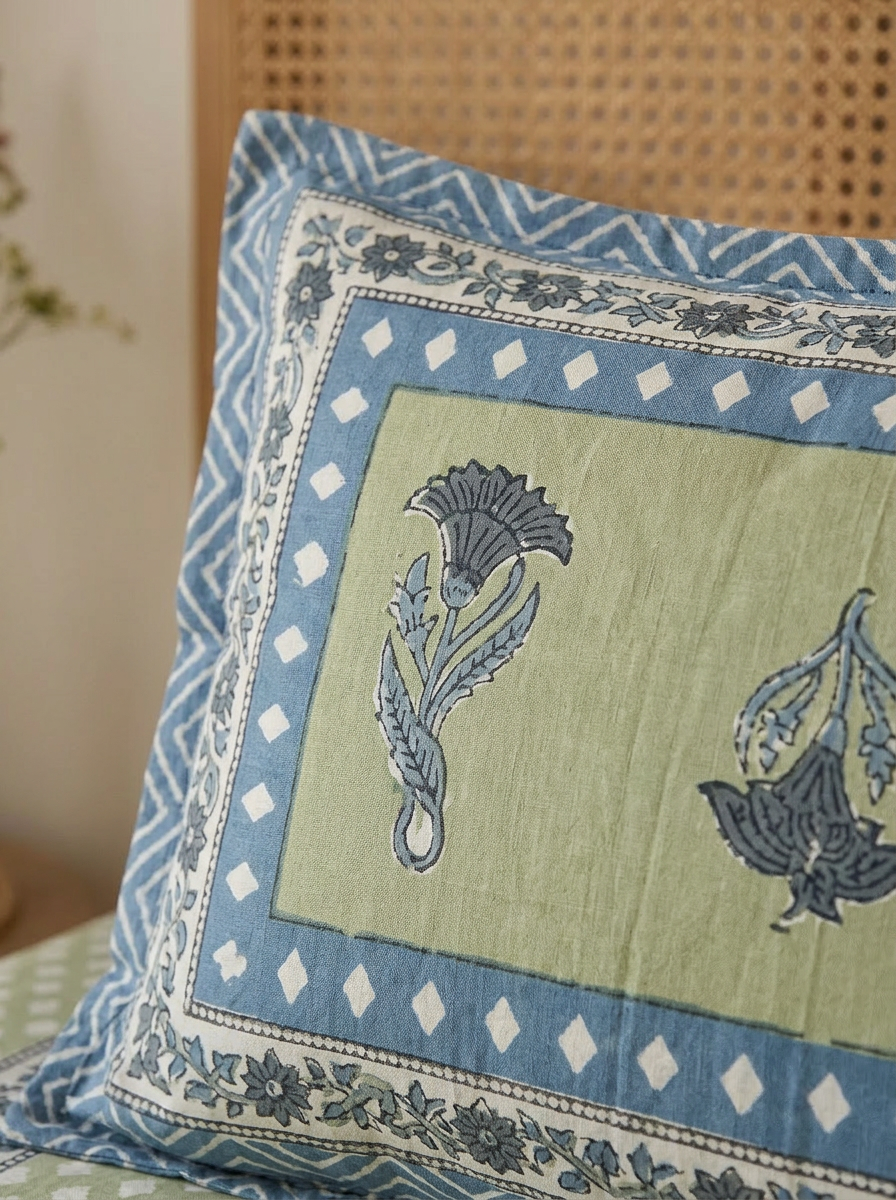 Sage Green & Blue Floral Butah Cotton Bedsheet Set