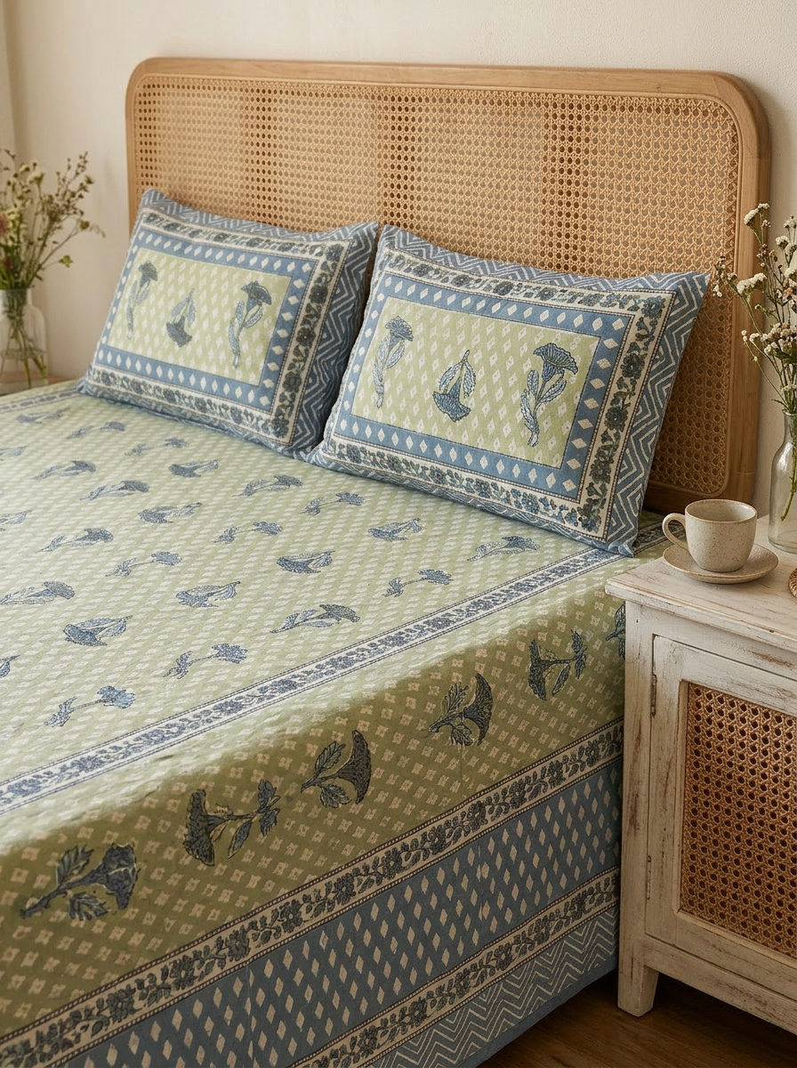 Sage Green & Blue Floral Butah Cotton Bedsheet Set