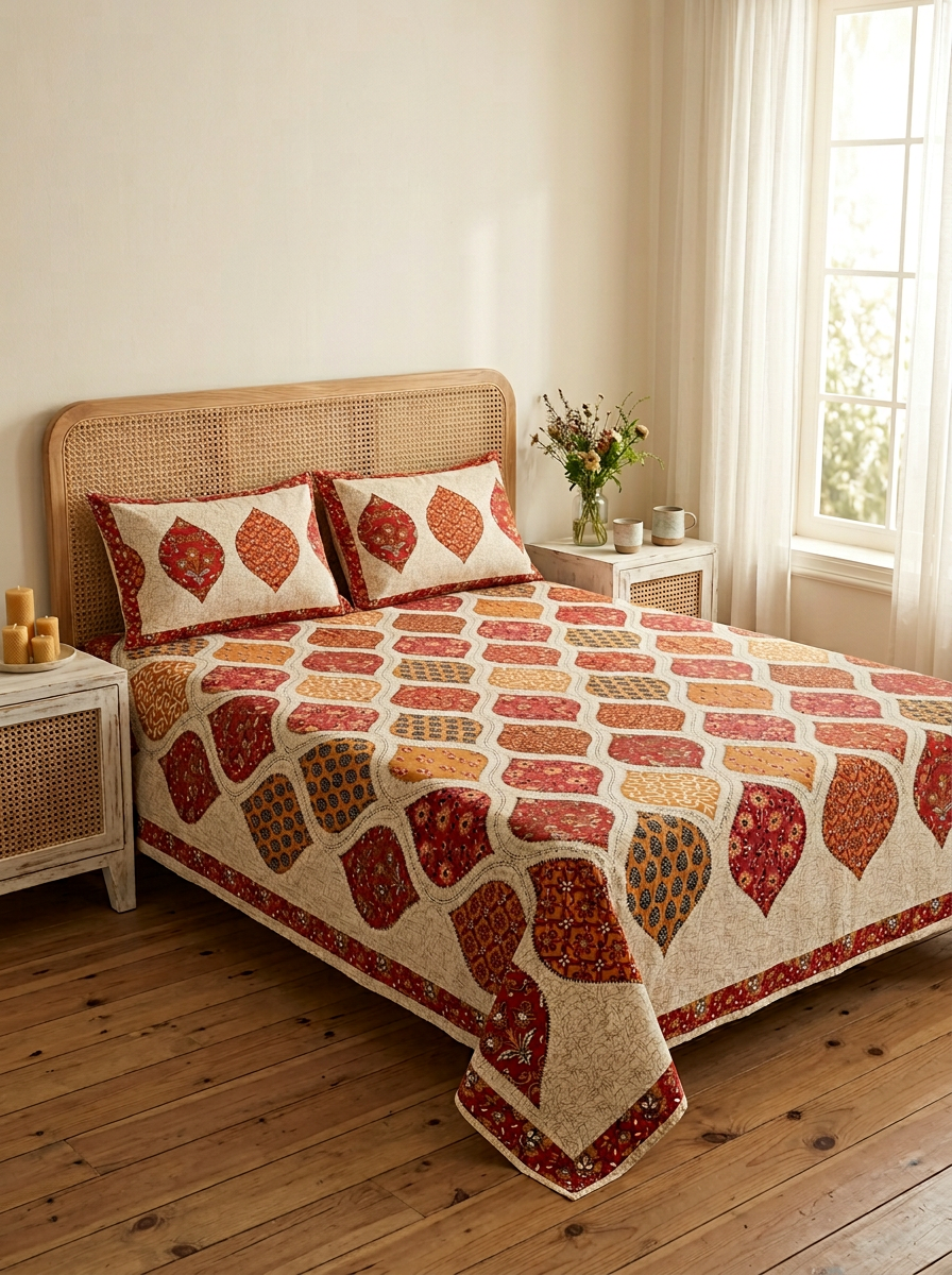 Red Patchwork Print Cotton Bedsheet Set