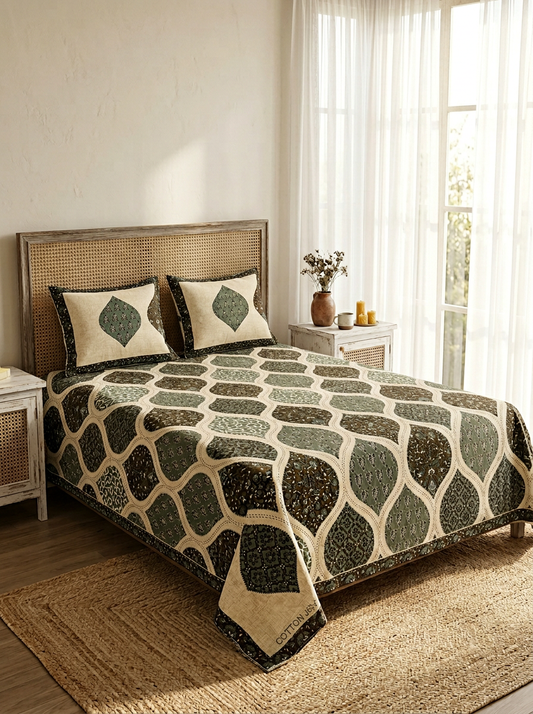 Green Patchwork Print Cotton Bedsheet Set