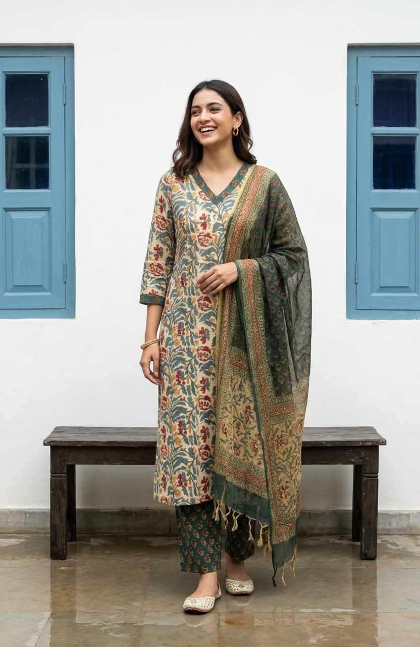 Pure Hand Block Printed Kurta Set (Light Green)