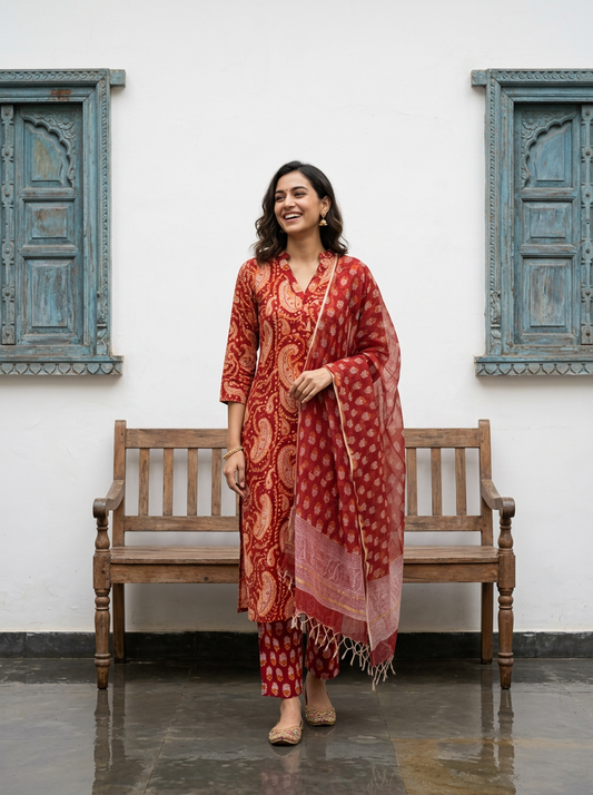 Pure Hand Block Printed Kurta Set (Red)