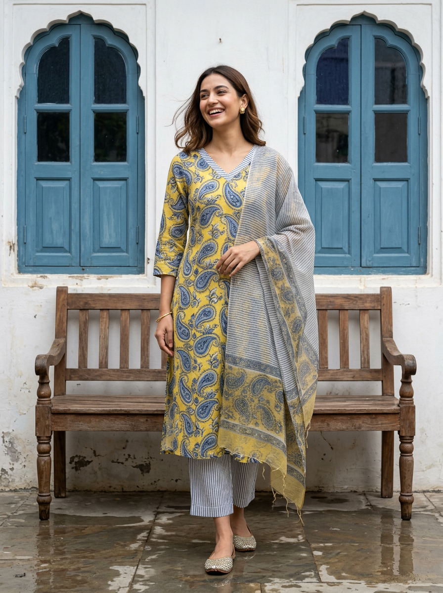 Pure Hand Block Printed Kurta Set (Lemon)