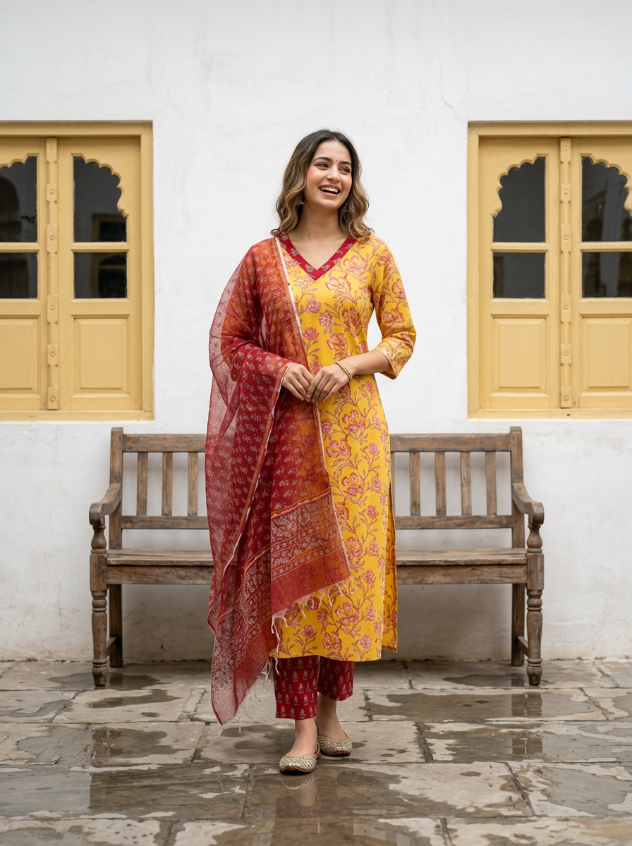 Pure Hand Block Printed Kurta Set (Yellow)