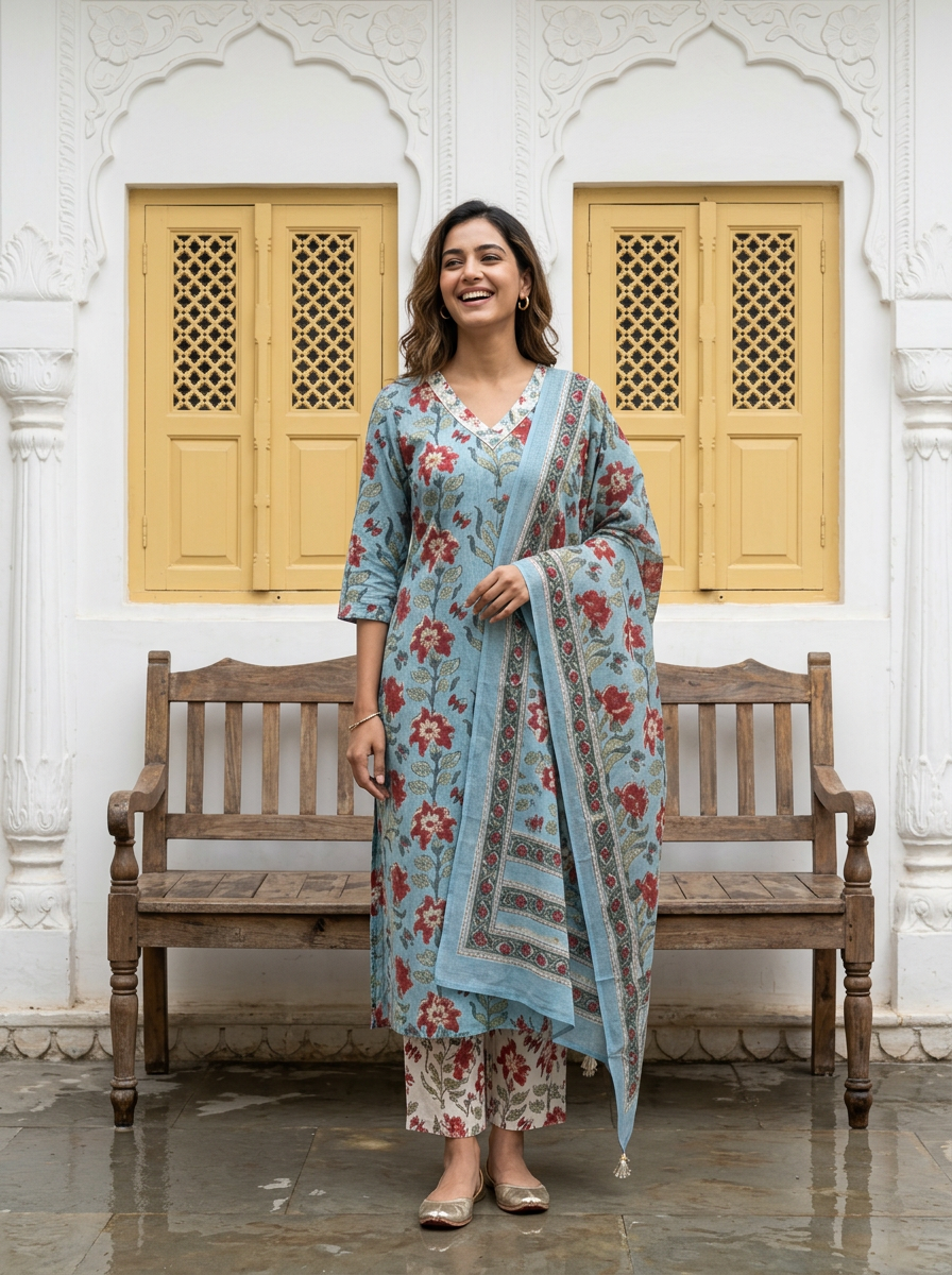 Pure Hand Block Printed Kurta Set (Light Blue)