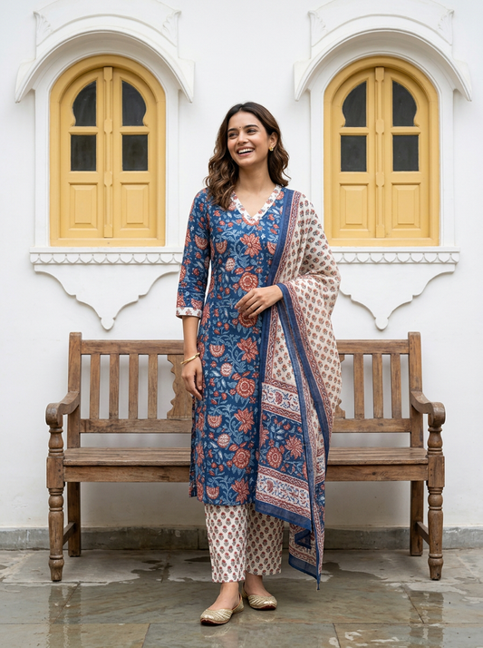 Pure Hand Block Printed Kurta Set (Blue)