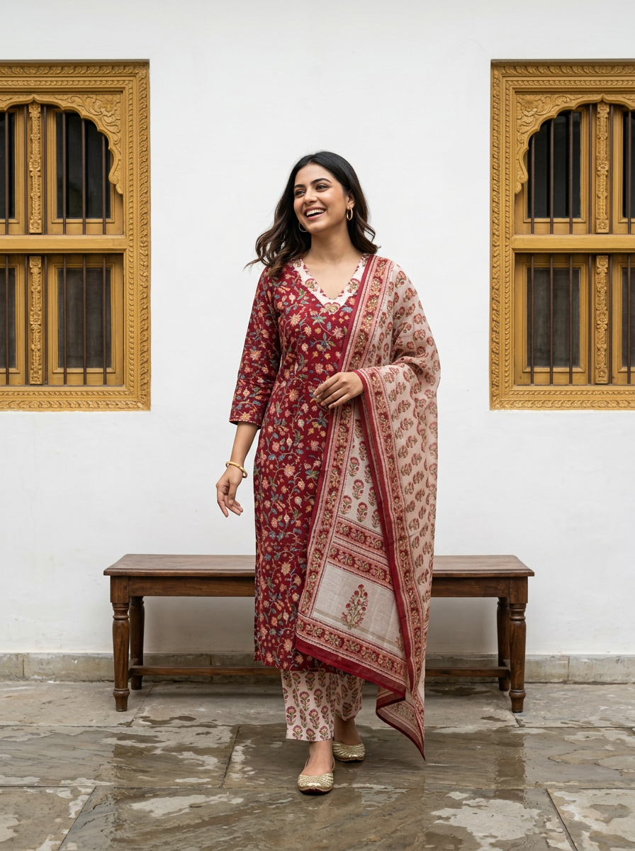 Pure Hand Block Printed Kurta Set (Red)