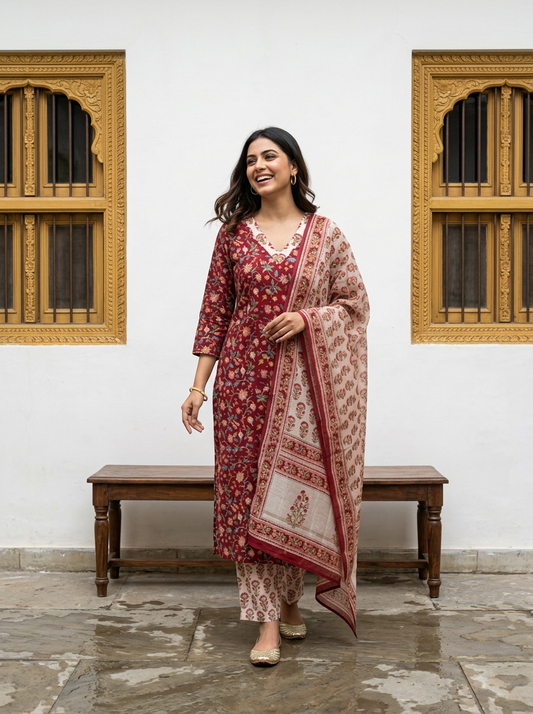 Pure Hand Block Printed Kurta Set (Red)