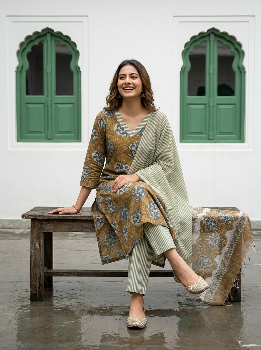 Pure Hand Block Printed Kurta Set (Khakhi Green)