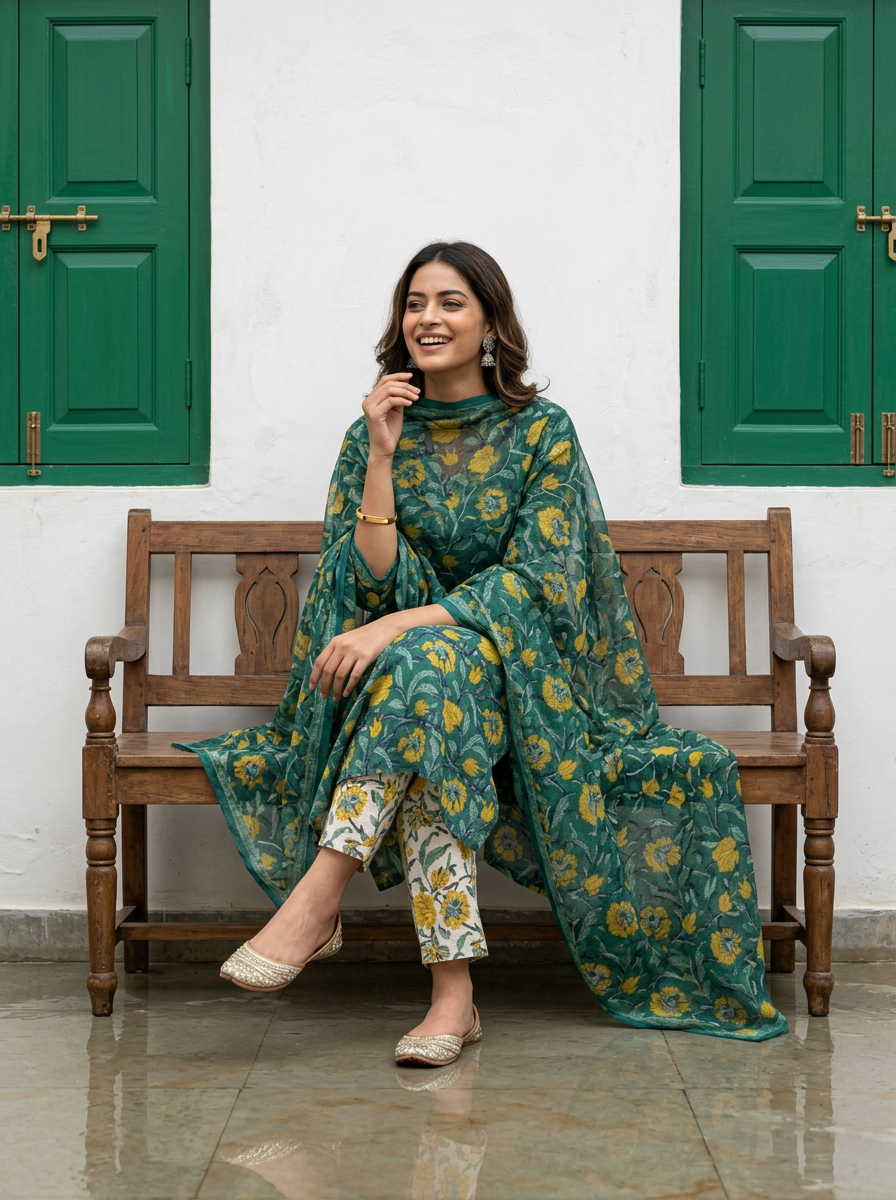 Pure Hand Block Printed Kurta Set (Green)
