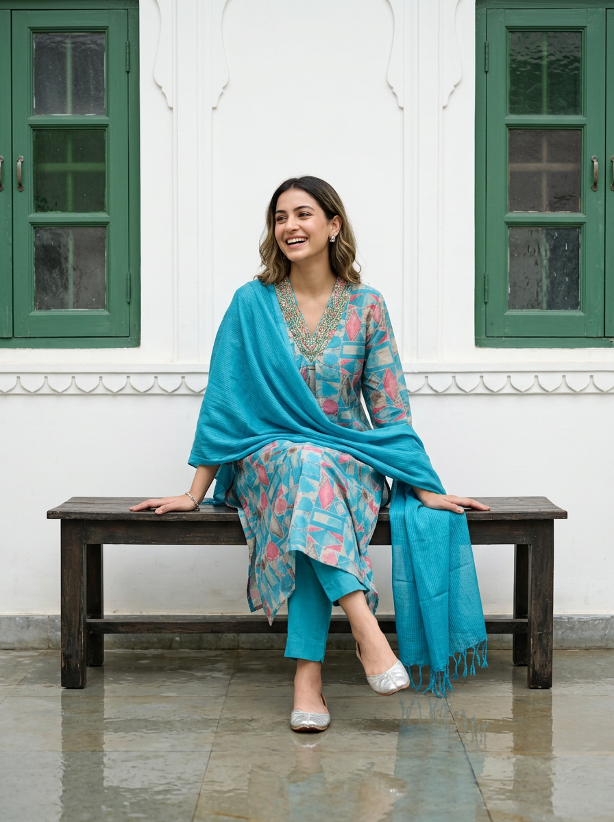 Blue Muslin Suit Set With Kota Doriya Dupatta