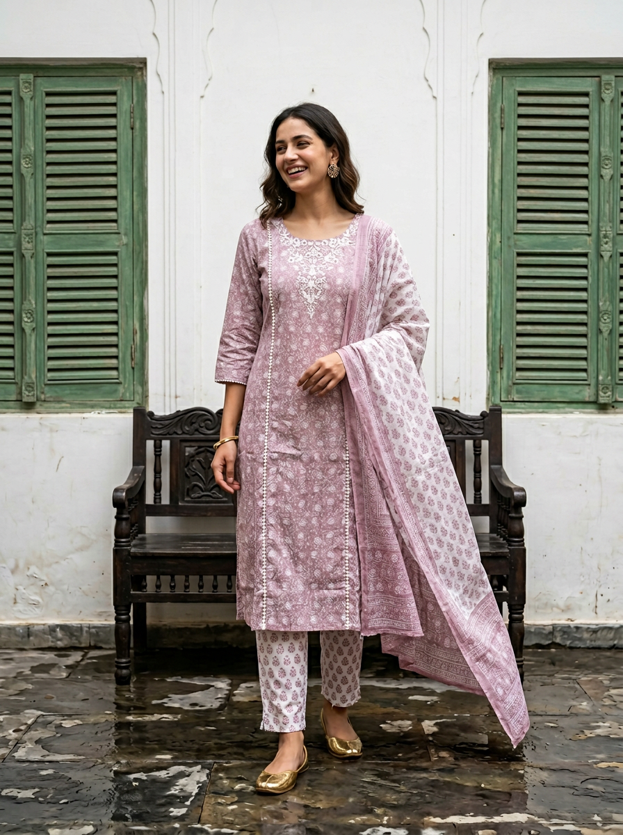 Pink printed cotton kurta set with dupatta