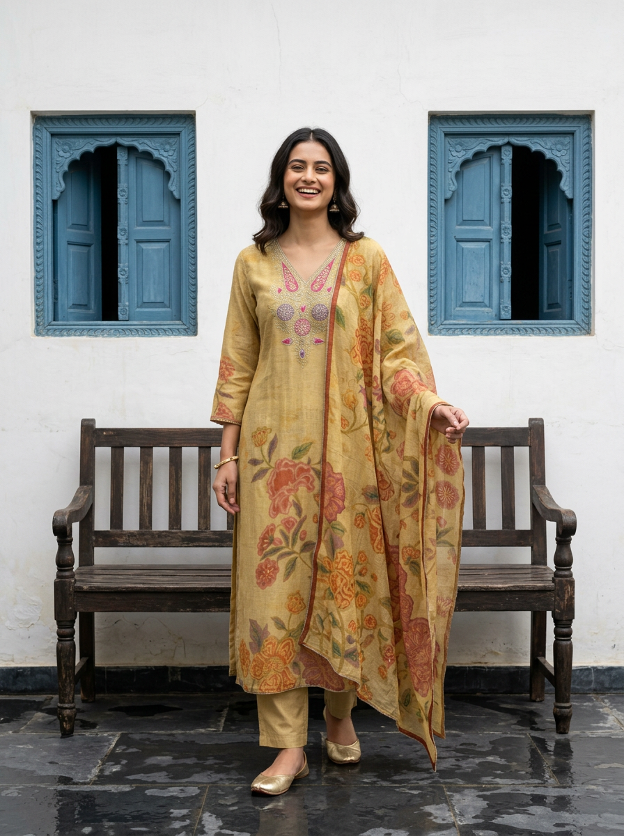 Golden Shimmer Silk Straight Kurta Set