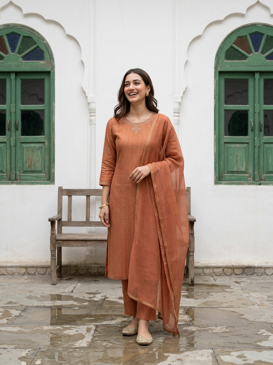 Orange Chanderi Straight Suit Set