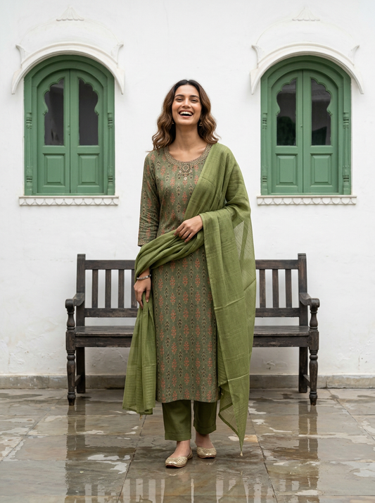 Green Silk Straight Suit Set