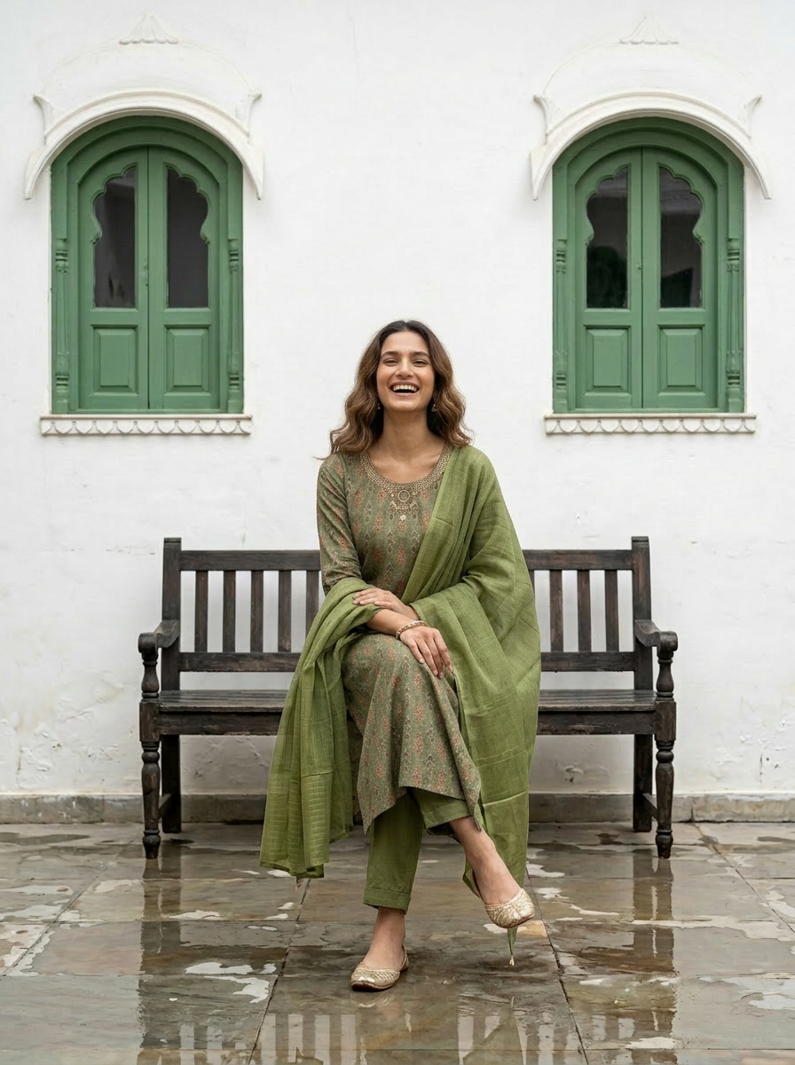 Green Silk Straight Suit Set