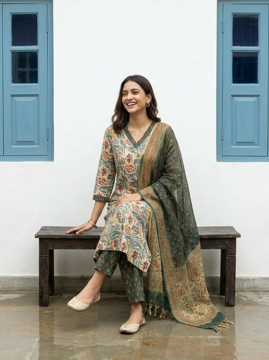 Pure Hand Block Printed Kurta Set (Light Green)
