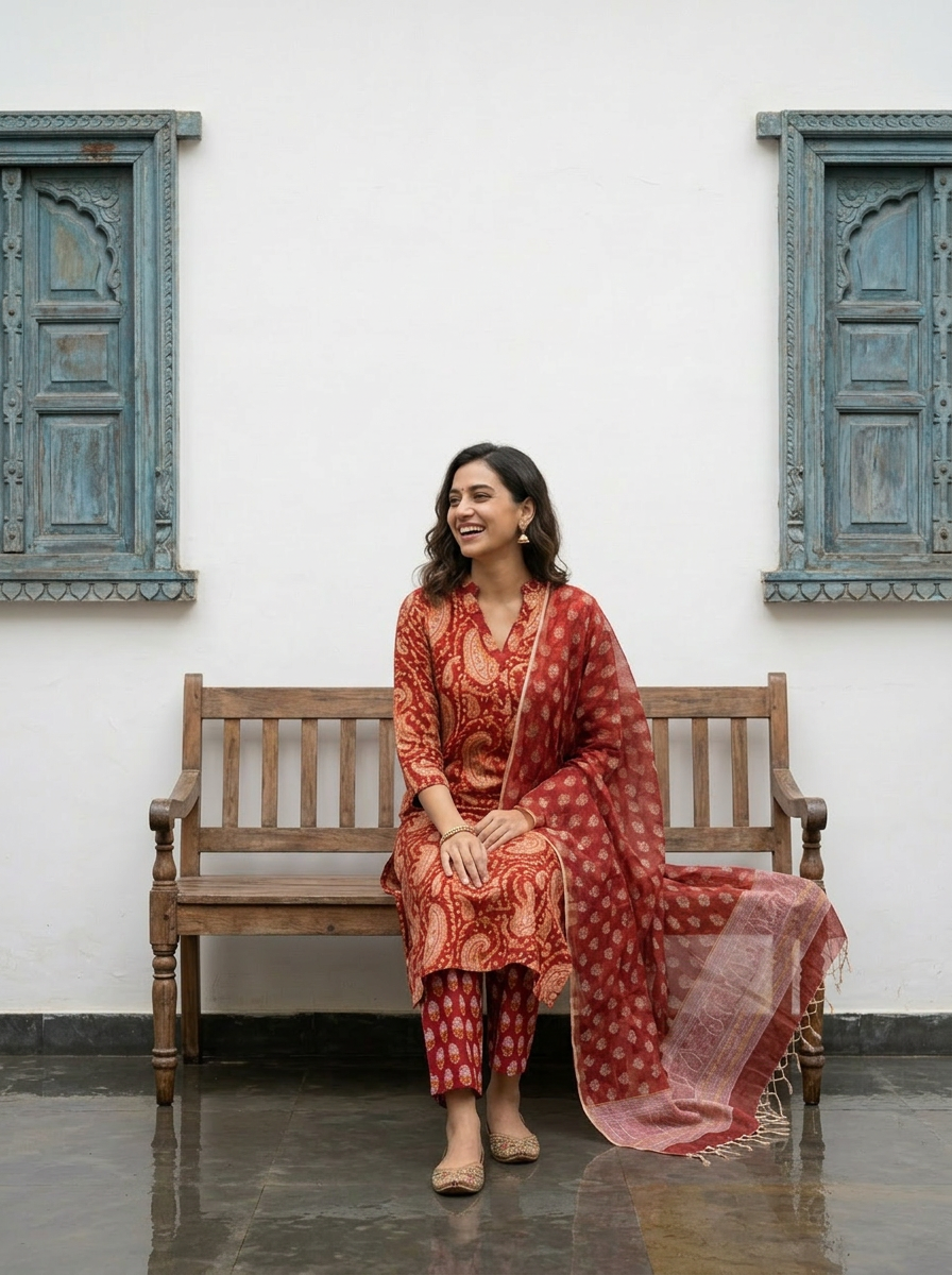 Pure Hand Block Printed Kurta Set (Red)