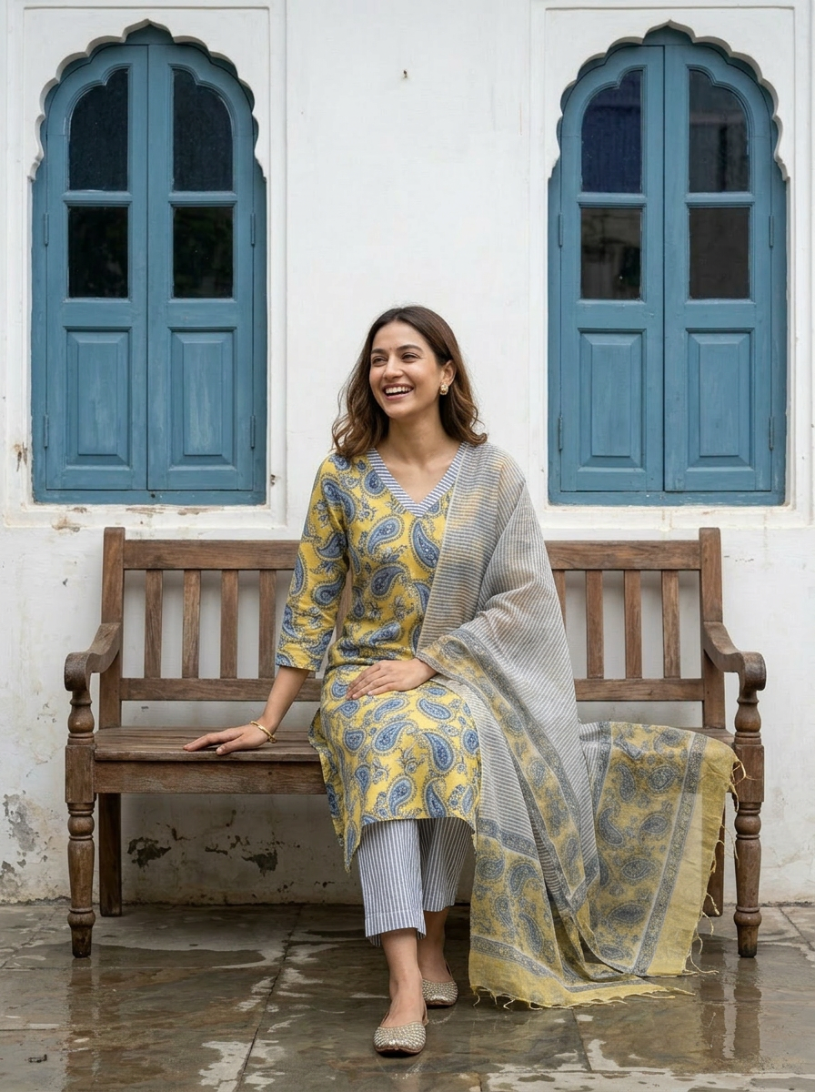 Pure Hand Block Printed Kurta Set (Lemon)