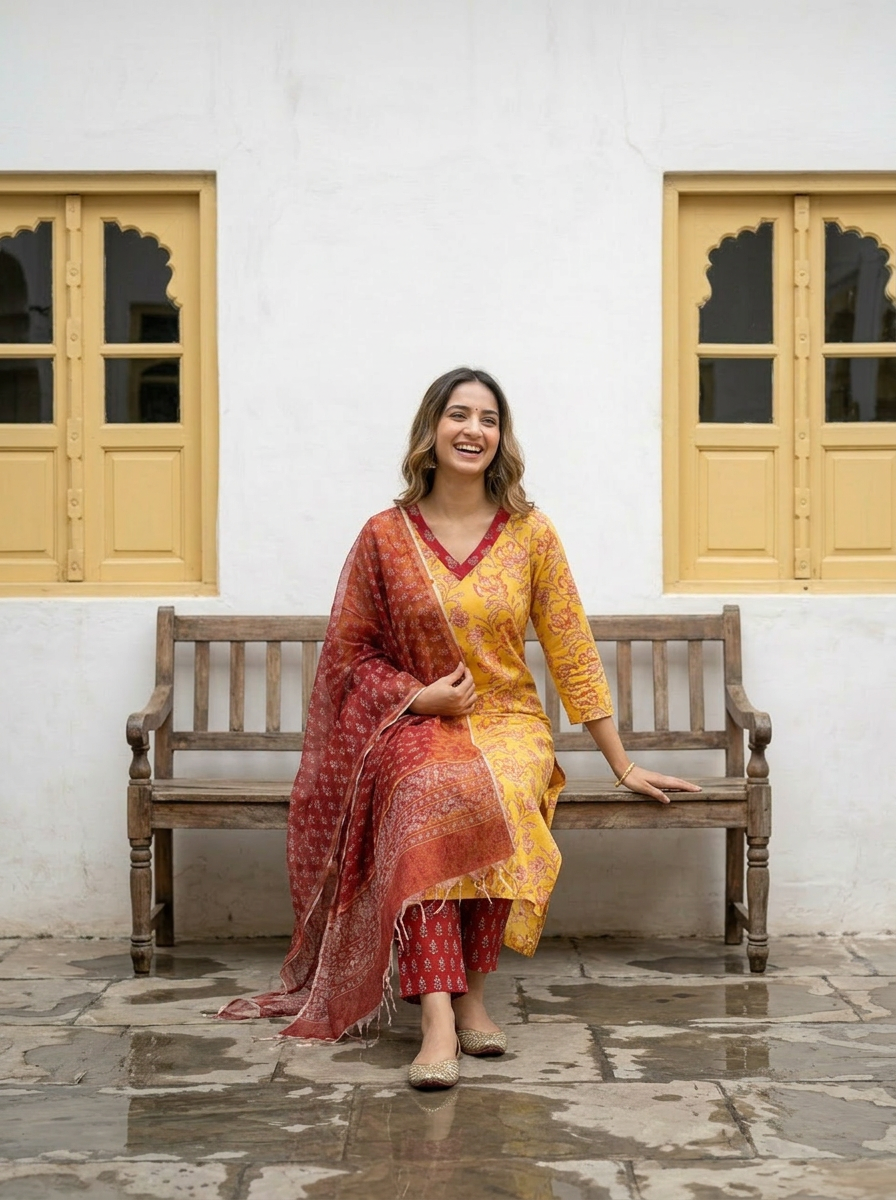 Pure Hand Block Printed Kurta Set (Yellow)