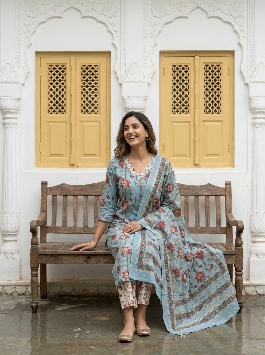 Pure Hand Block Printed Kurta Set (Light Blue)