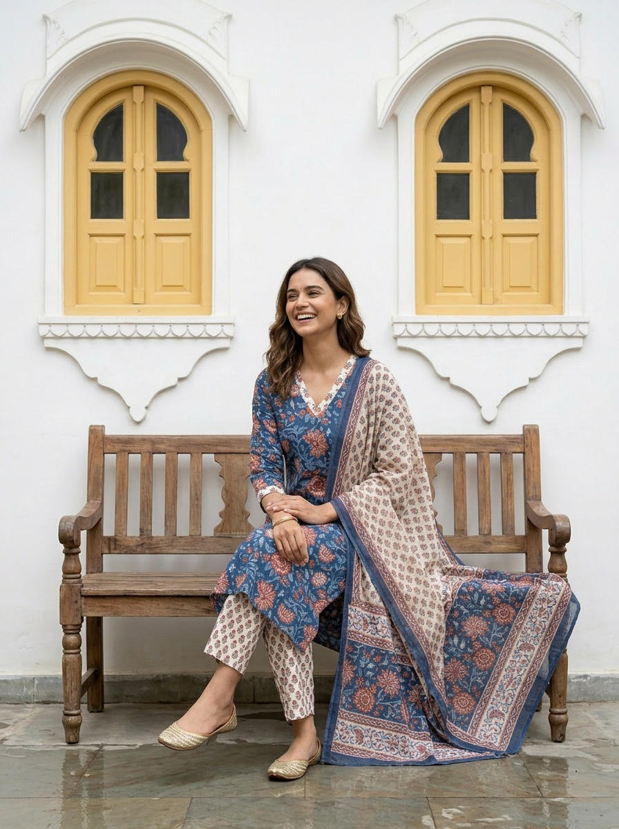 Pure Hand Block Printed Kurta Set (Blue)