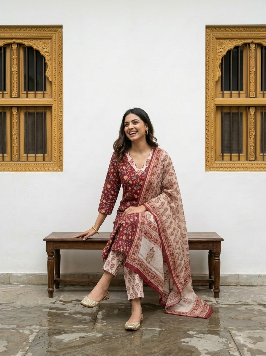 Pure Hand Block Printed Kurta Set (Red)