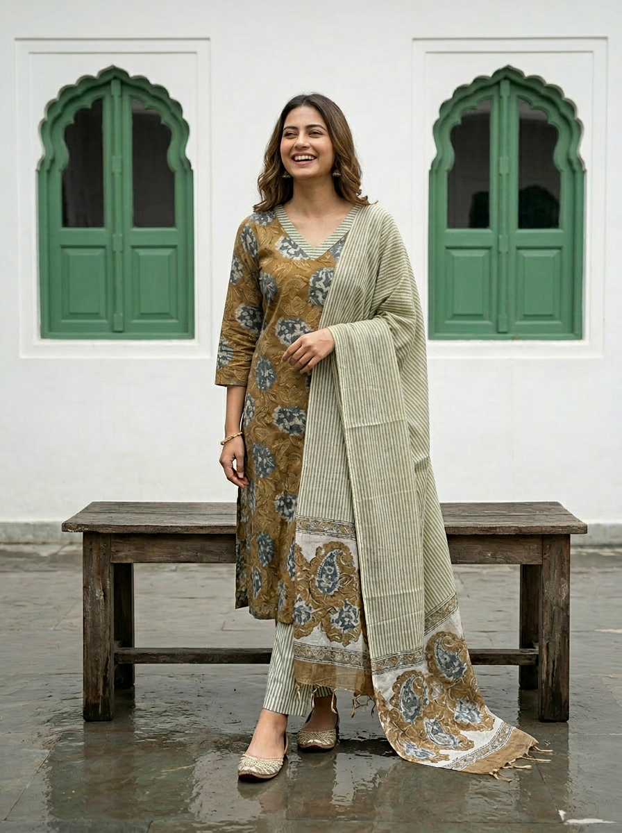 Pure Hand Block Printed Kurta Set (Khakhi Green)