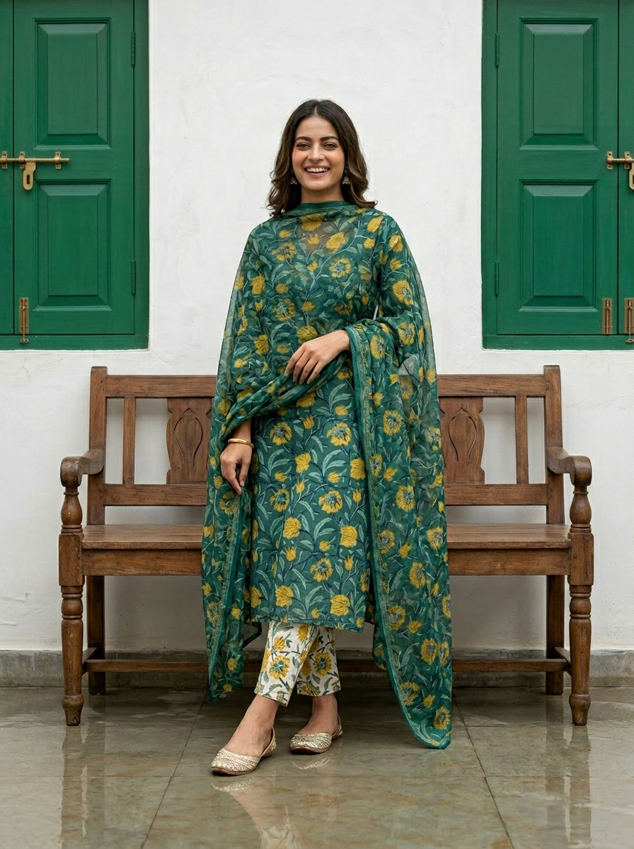 Pure Hand Block Printed Kurta Set (Green)