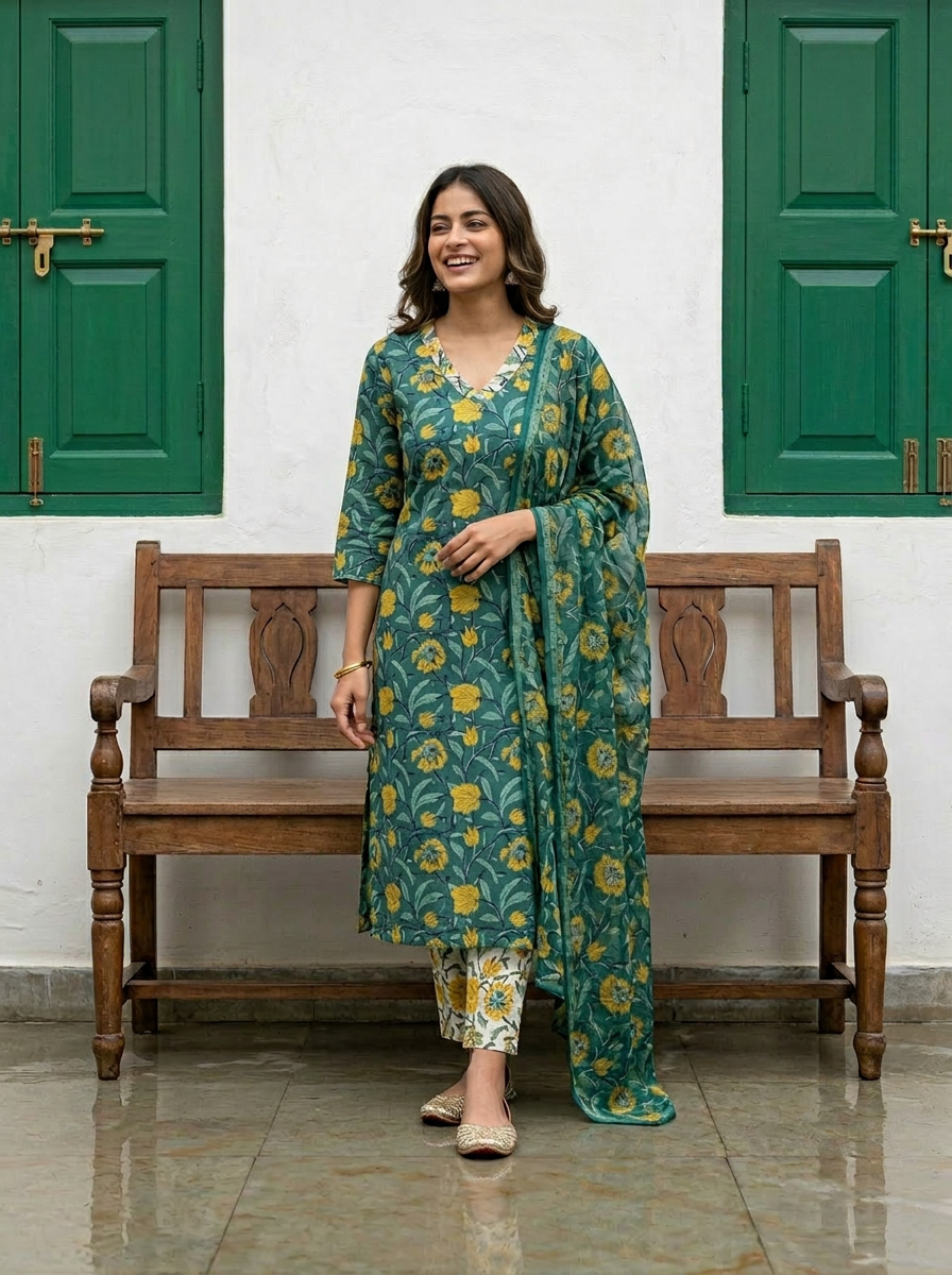 Pure Hand Block Printed Kurta Set (Green)