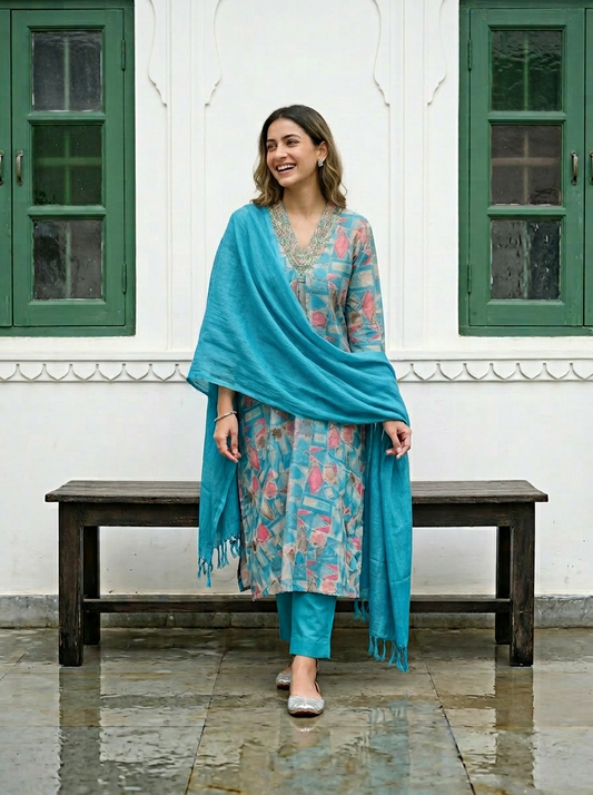 Blue Muslin Suit Set With Kota Doriya Dupatta