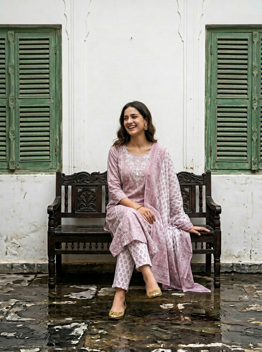 Pink printed cotton kurta set with dupatta