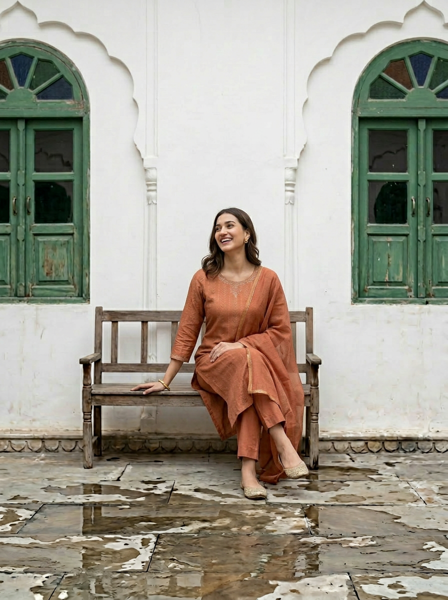 Orange Chanderi Straight Suit Set