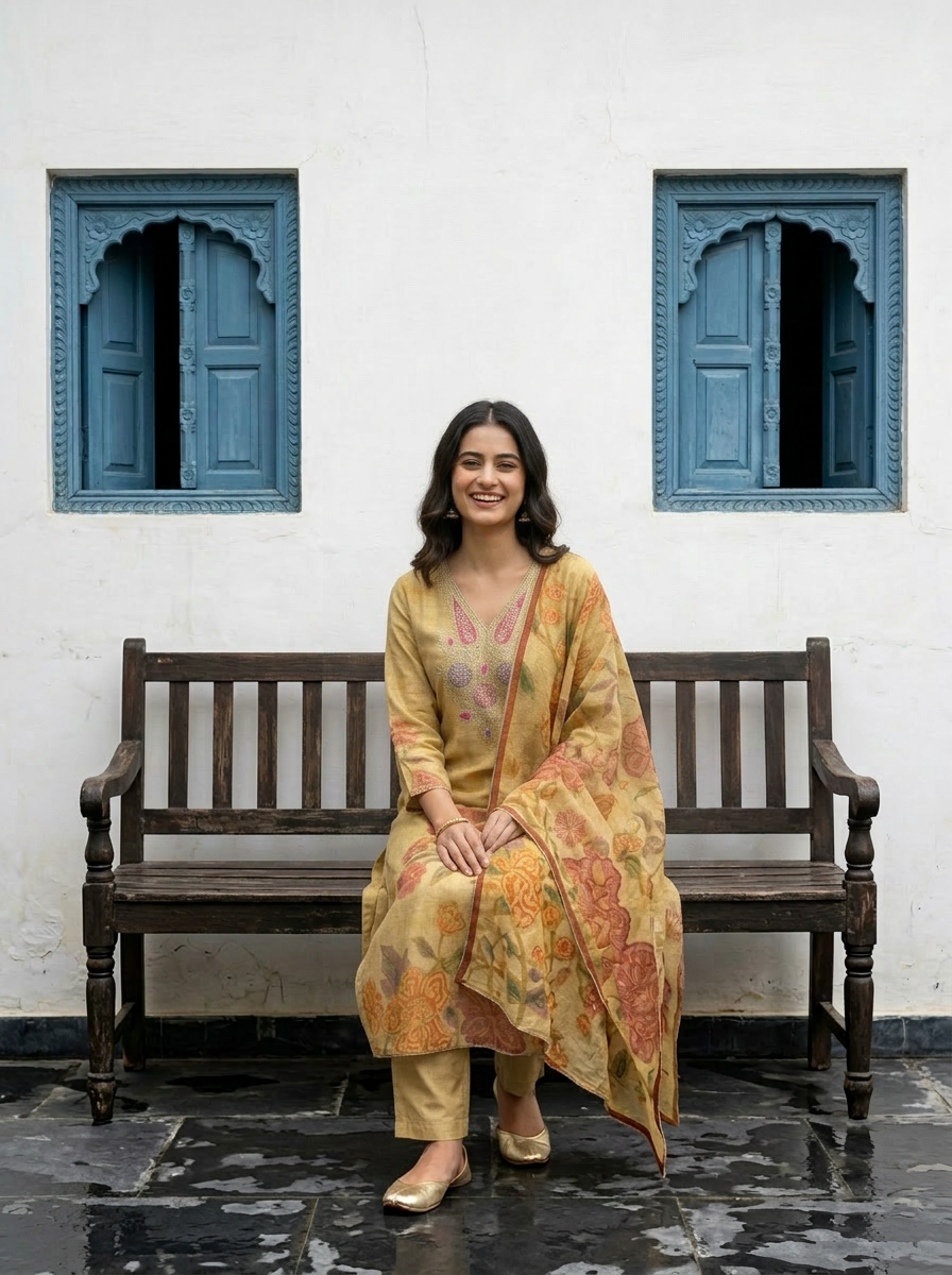 Golden Shimmer Silk Straight Kurta Set
