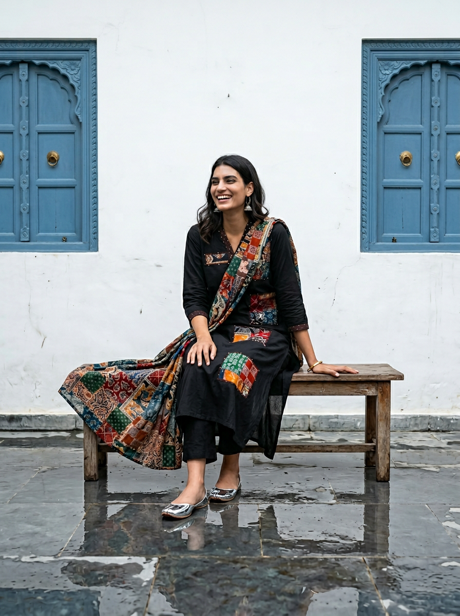 Black Cotton Kurta Set with Appliqué Work