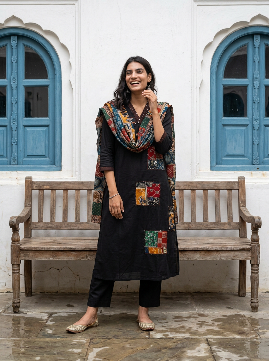 Black Cotton Kurta Set with Appliqué Work