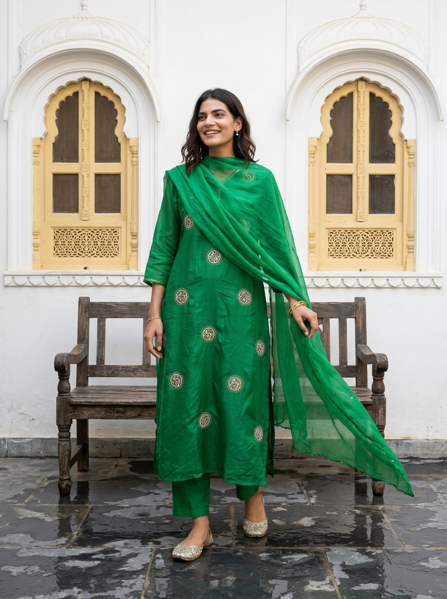 Hand-Embroidered Dola Silk A-Line Kurta Set