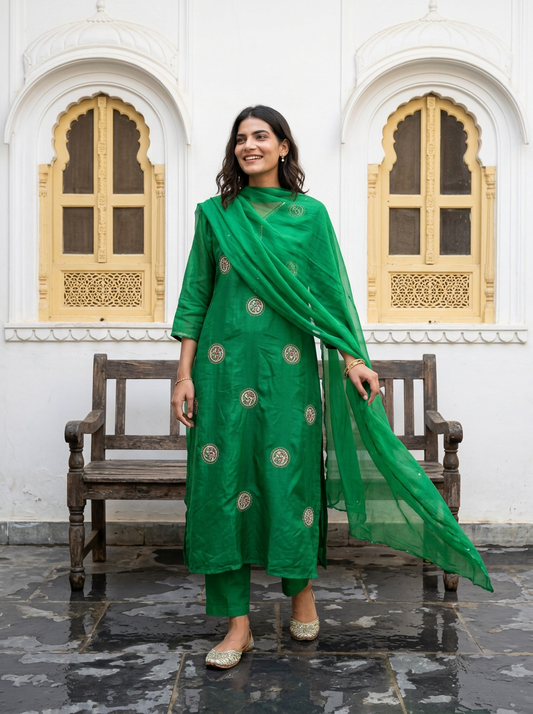 Hand-Embroidered Dola Silk A-Line Kurta Set