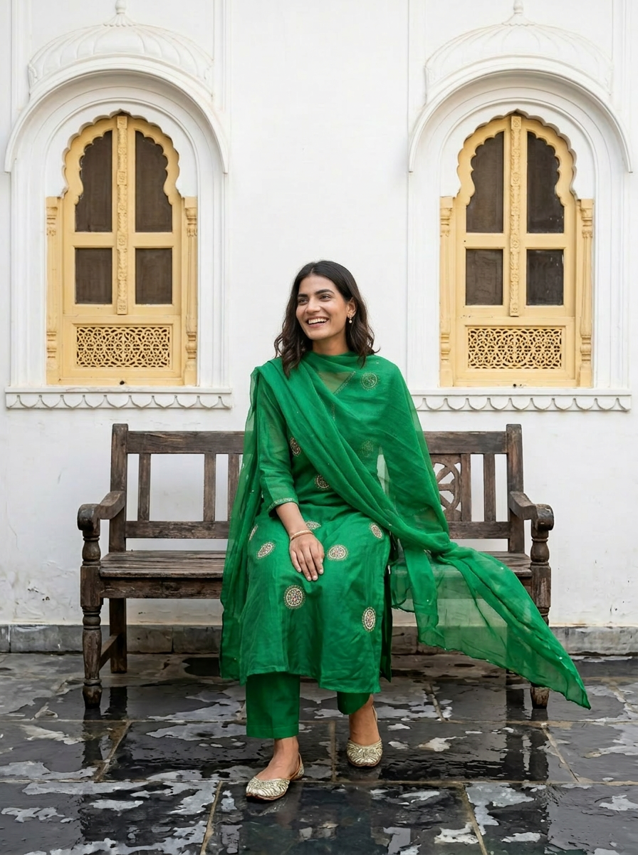 Hand-Embroidered Dola Silk A-Line Kurta Set