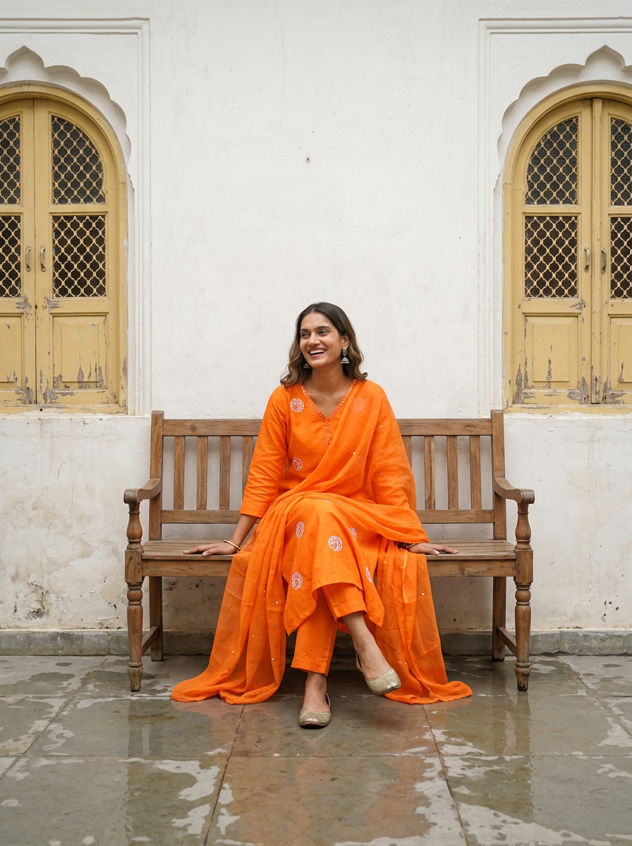 Hand-Embroidered Dola Silk A-Line Kurta Set